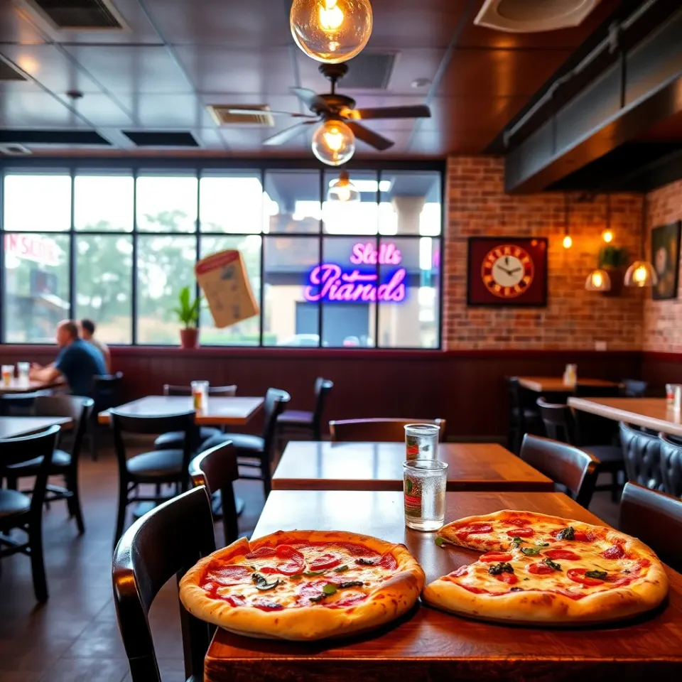 Skilled Firestone Pizza Kitchen chef stretching hand-made pizza dough by hand in the open kitchen in Austin Texas