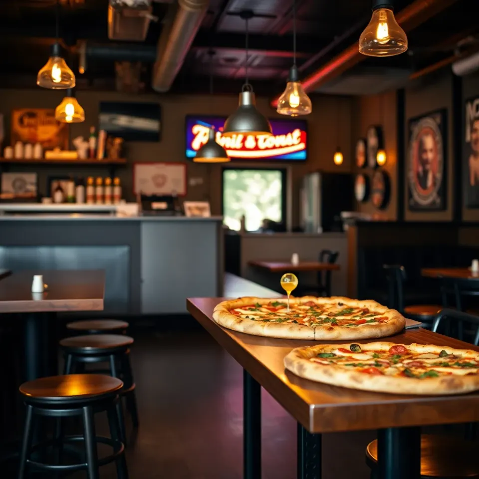 Glowing stone wood-fired oven interior at Firestone Pizza Kitchen with orange flames and a pizza sliding in on a long wooden peel